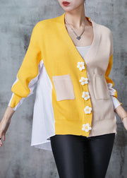 Art Yellow Oversized Patchwork Floral Knit Tops Spring