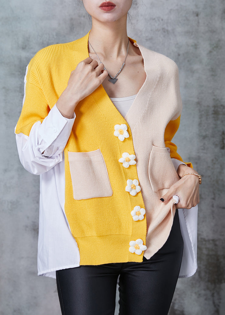 Art Yellow Oversized Patchwork Floral Knit Tops Spring