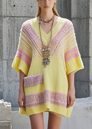 Art Yellow Oversized Patchwork Knit Long Sweater Short Sleeve