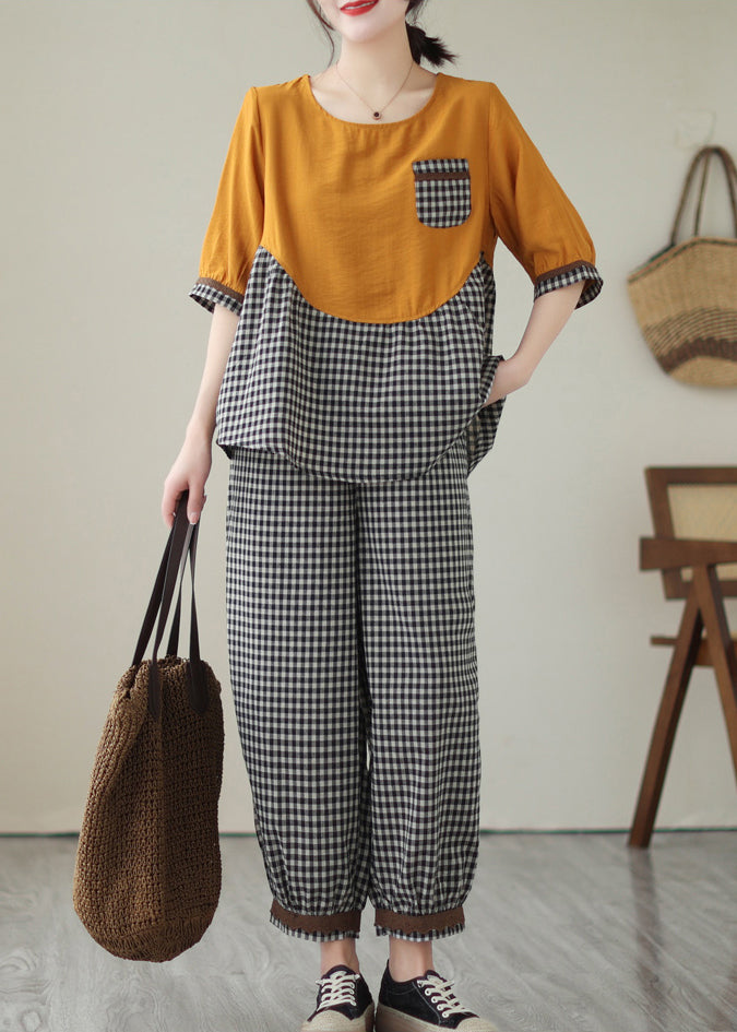 Art Yellow Oversized Patchwork Plaid Cotton Two Piece Set Women Clothing Summer