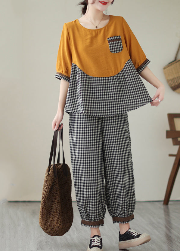 Art Yellow Oversized Patchwork Plaid Cotton Two Piece Set Women Clothing Summer