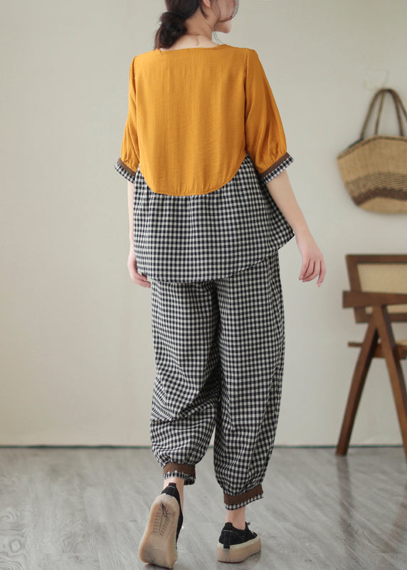 Art Yellow Oversized Patchwork Plaid Cotton Two Piece Set Women Clothing Summer