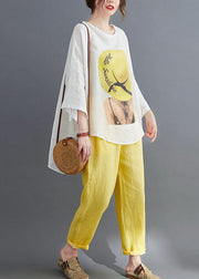 Art Yellow Oversized Print Cotton Two Piece Suit Set Batwing Sleeve