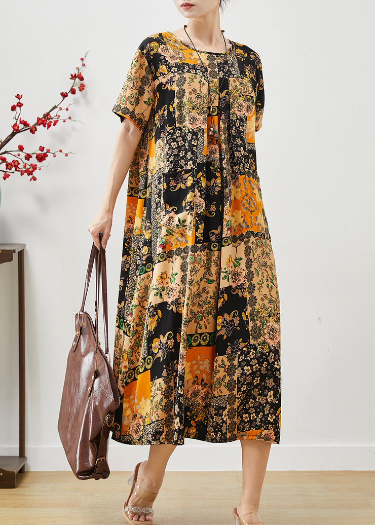 Art Yellow Oversized Print Silk Holiday Dress Summer