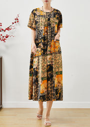 Art Yellow Oversized Print Silk Holiday Dress Summer