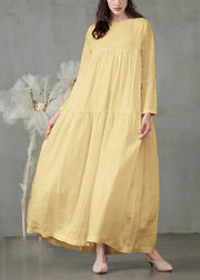 Art Yellow Patchwork Solid Loose Linen Dress Long Sleeve