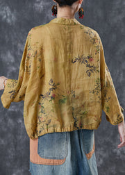 Art Yellow Print Drawstring Linen Shirt Top Spring