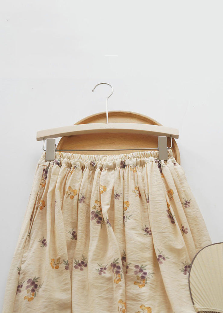 Art Yellow Print Elastic Waist Cotton Skirt Summer