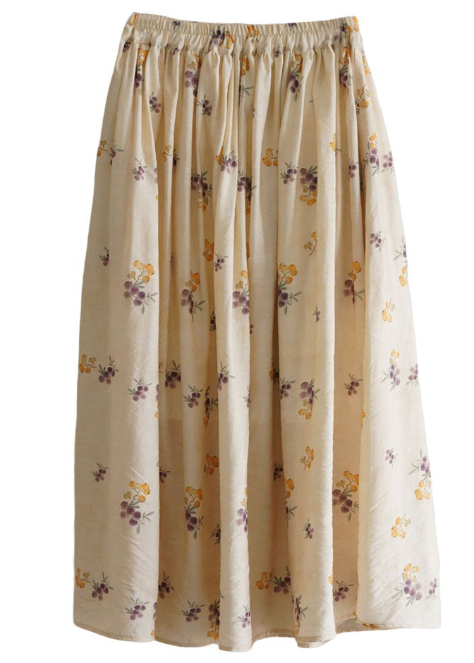 Art Yellow Print Elastic Waist Cotton Skirt Summer