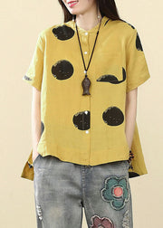 Art Yellow Stand Collar Dot Button Low High Design Shirts Short Sleeve