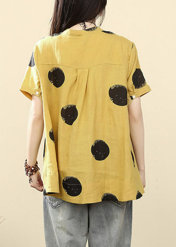 Art Yellow Stand Collar Dot Button Low High Design Shirts Short Sleeve