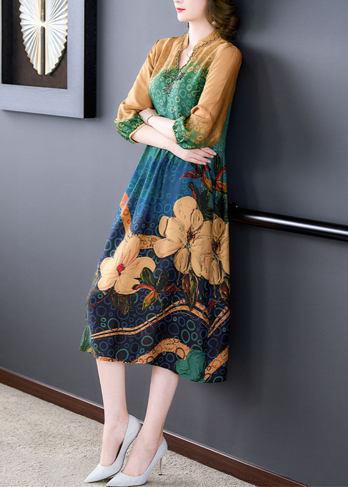 Art Yellow Stand Collar Print Wrinkled Patchwork Silk Dress Summer