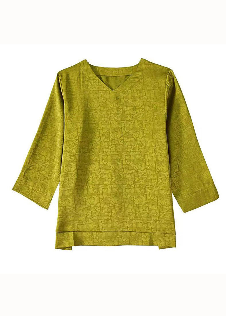 Art Yellow V Neck Patchwork Silk Blouse Top Bracelet Sleeve