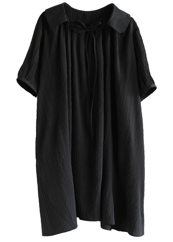 Baggy Chic Black Peter Pan Collar Wrinkled Lace Up Maxi Dresses Short Sleeve