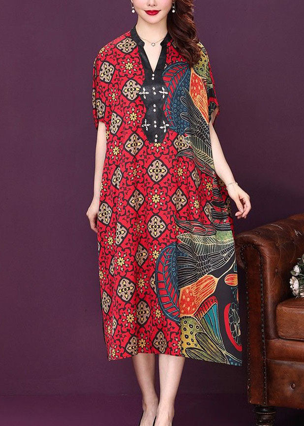 Baggy Red V Neck Print Silk Dresses Summer