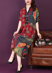 Baggy Red V Neck Print Silk Dresses Summer