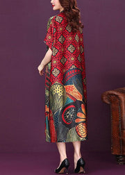 Baggy Red V Neck Print Silk Dresses Summer