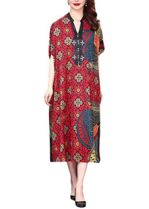 Baggy Red V Neck Print Silk Dresses Summer