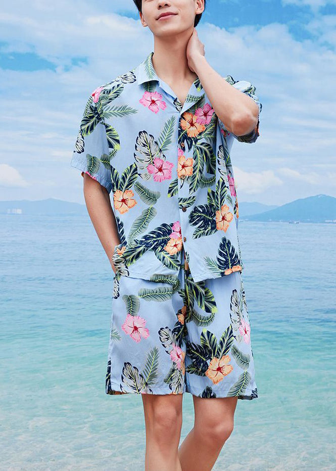 Beach Blue Peter Pan Collar Print Cotton Mens Two Piece Set Summer