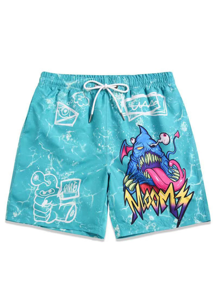 Beach Blue Print Elastic Waist Cotton Men Beach Shorts Summer