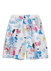 Beach White Print Elastic Waist Cotton Summer Men Beach Shorts