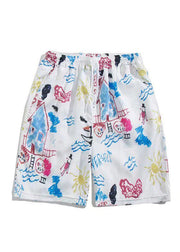 Beach White Print Elastic Waist Cotton Summer Men Beach Shorts