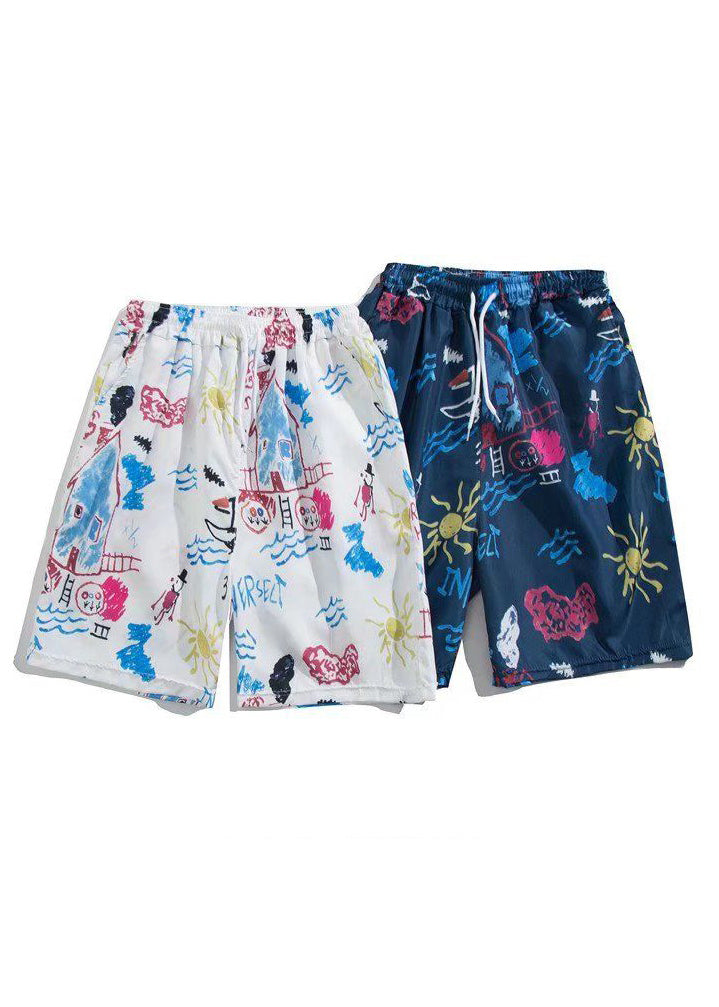 Beach White Print Elastic Waist Cotton Summer Men Beach Shorts