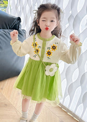 Beautiful Apricot O-Neck Tulle Patchwork Kids Mid Dress Fall