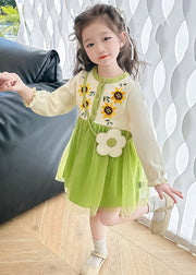 Beautiful Apricot O-Neck Tulle Patchwork Kids Mid Dress Fall