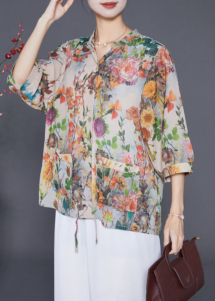 Beautiful Apricot Oversized Print Chiffon Shirt Top Half Sleeve