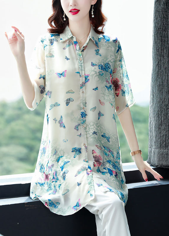 Beautiful Apricot Peter Pan Collar Butterfly Print Chiffon Shirts Top Summer