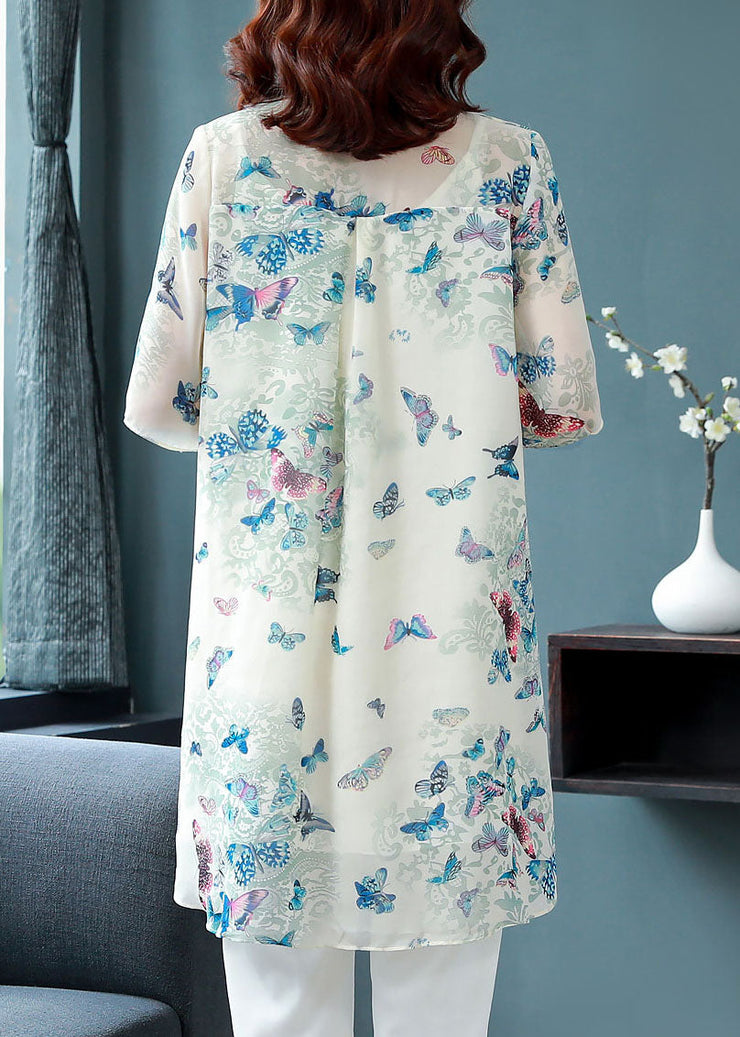 Beautiful Apricot Peter Pan Collar Butterfly Print Chiffon Shirts Top Summer