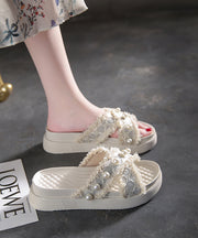 Beautiful Beige Canvas Nail Bead Splicing Platform Slide Sandals