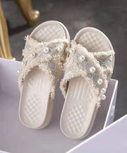 Beautiful Beige Canvas Nail Bead Splicing Platform Slide Sandals