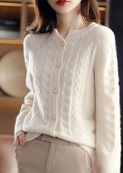 Beautiful Beige O-Neck Pearl Button Wool Knit Cardigan Winter