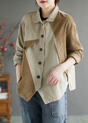 Beautiful Beige Peter Pan Collar Patchwork Corduroy Coats Long Sleeve