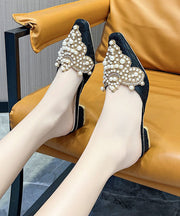 Beautiful Beige Pointed Toe Pearls Chunky Thong Sandals