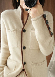 Beautiful Beige Stand Collar Pockets Thick Knit Loose Cardigan Winter