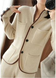 Beautiful Beige Stand Collar Pockets Thick Knit Loose Cardigan Winter