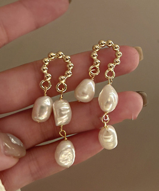 Beautiful Beige Sterling Alloy Silver Pearl Tassel Drop Earrings