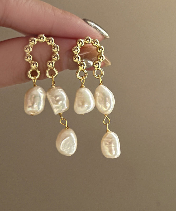 Beautiful Beige Sterling Alloy Silver Pearl Tassel Drop Earrings