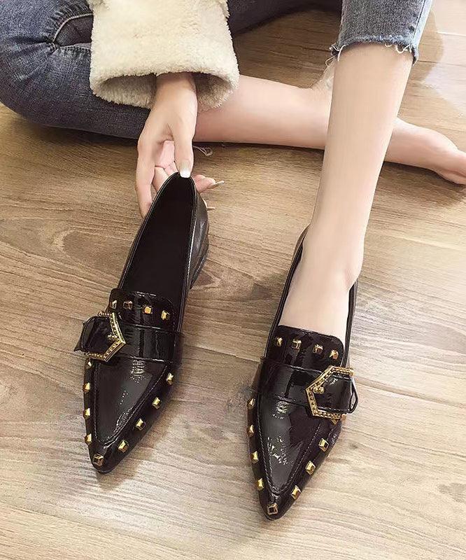 Beautiful Black Chunky Heel Faux Leather Pointed Toe Rivet