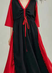 Beautiful Black Cinched Patchwork Cotton Long Dress Summer