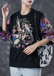 Beautiful Black Embroidered Patchwork Cotton Sweatshirt Spring