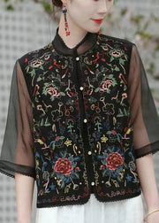 Beautiful Black Embroideried Patchwork Linen Silk Top Half Sleeve