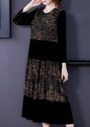 Beautiful Black Embroideried Tulle Patchwork Silk Velour Dresses Spring