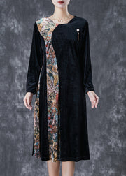 Beautiful Black Exra Large Hem Patchwork Silk Velour Vacation Dresses Fall