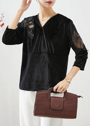 Beautiful Black Hollow Out Patchwork Silk Velour Shirt Fall