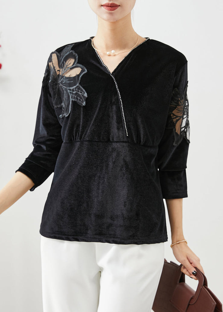 Beautiful Black Hollow Out Patchwork Silk Velour Shirt Fall