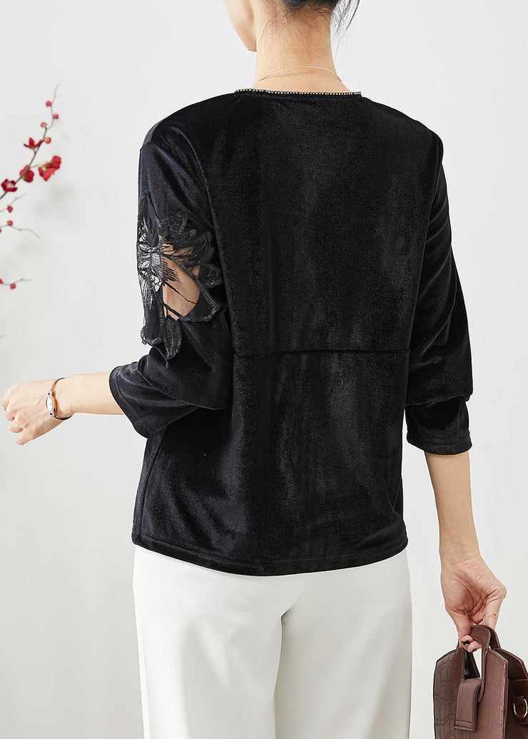 Beautiful Black Hollow Out Patchwork Silk Velour Shirt Fall